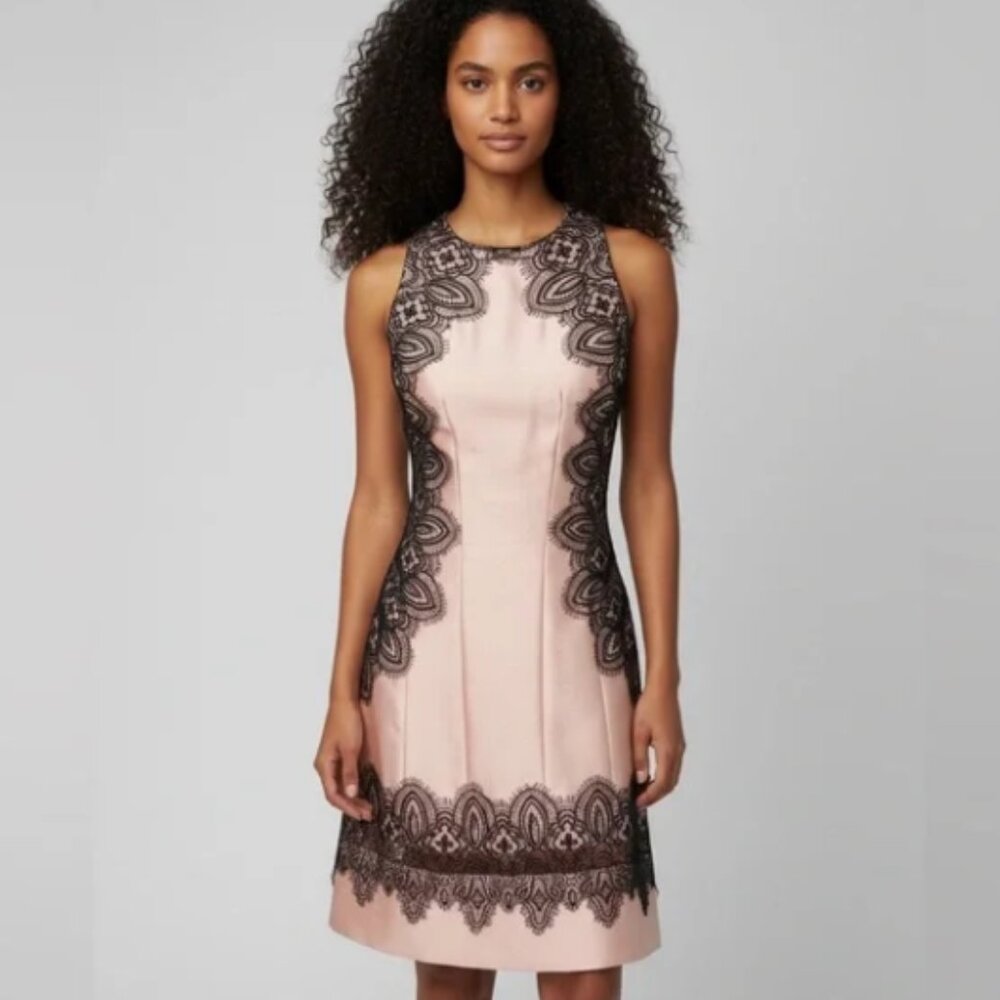 Lela Rose Wool Silk Lace Embroidered Peach Black Dress